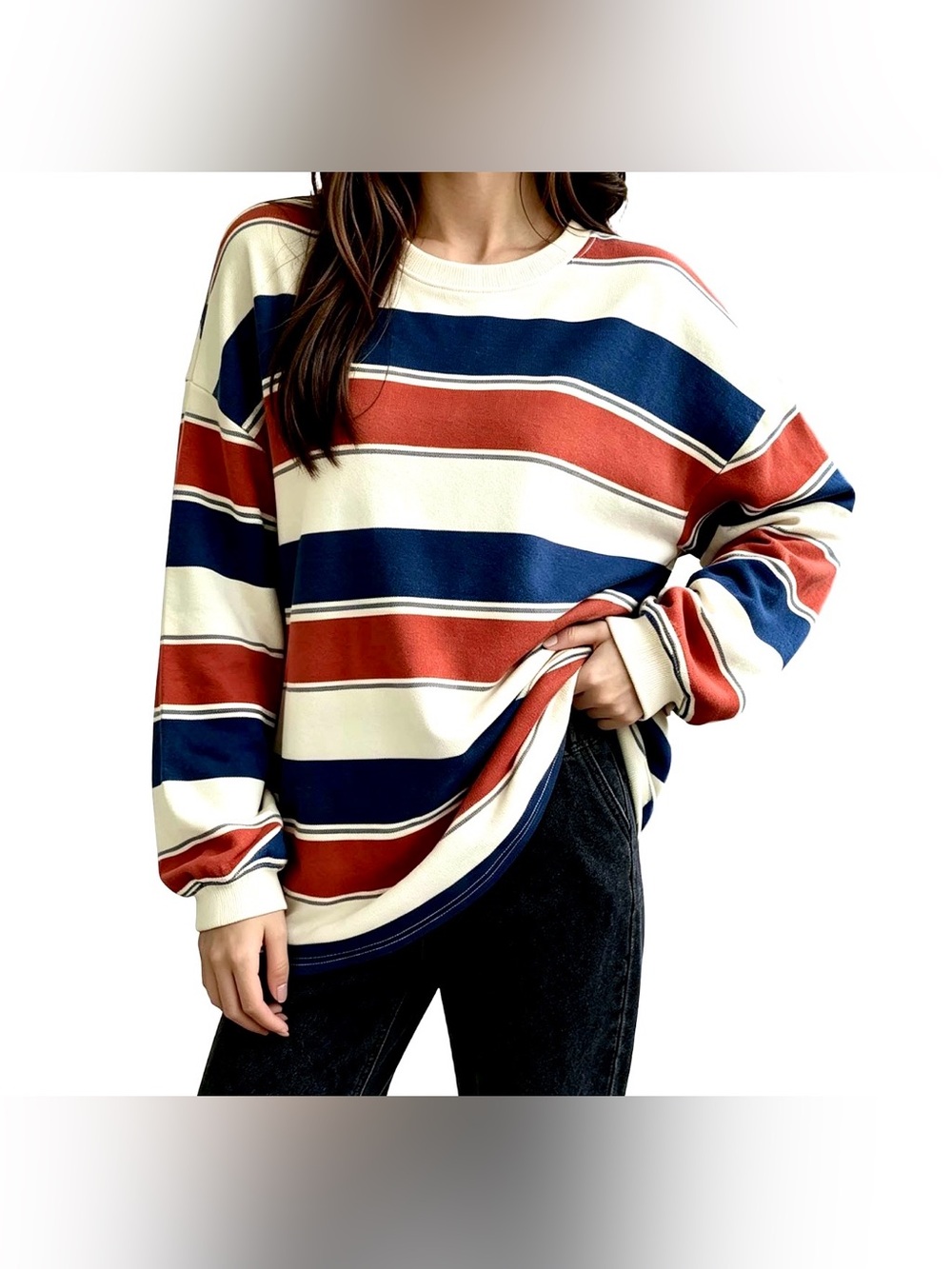 Boomny Unisex Long Sleeve Striped Boxy Crew Neck Shirt